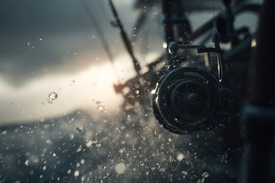 Close-Up of Fishing Reel with Water Splashes During Stormy Weather on a Boat in the Ocean, Capturing the Thrill of Sport Fishing and Adventure