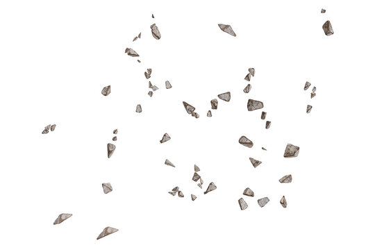 Scattered, irregular grey fragments against a black background, possibly small stones or broken pieces of something