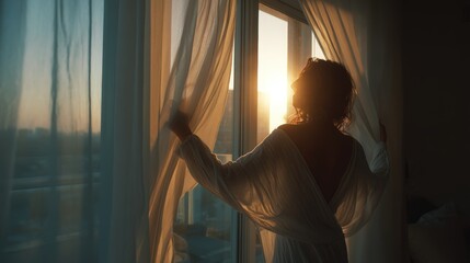 Woman Opening Curtains to Peaceful Morning Sunshine