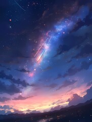 Fototapeta premium Serene anime night scene under star filled sky with shooting star reflected in water