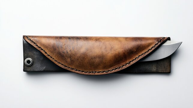 A knife in a tan leather sheath, resting on a white surface.  The leather is distressed, showing variations in color.  The knife blade is a light metal.  Stitching details the leather