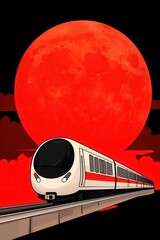 Pixel Art Train Passing Red Moon at Night