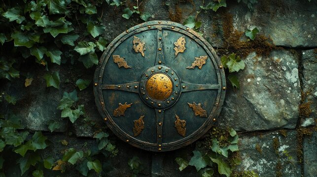 Ancient round shield on stone wall