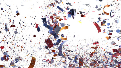 Vibrant confetti bursts across white background. Ideal for celebrations, parties, and festive designs.