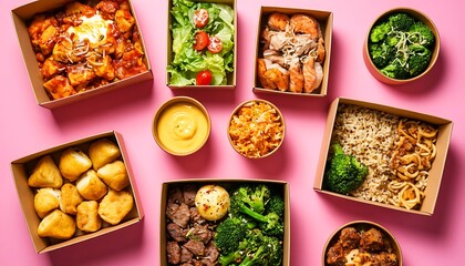 top view food in cartons isolated on pink background, food delivery concept	
