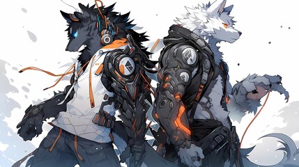 Two Anthropomorphic Anime Creatures Wolf Werewolf Mechanical Arms Fantasy Technology