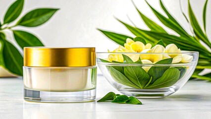 Luxurious Skincare Cream Jar with Flowers and Leaves Natural Beauty Product
