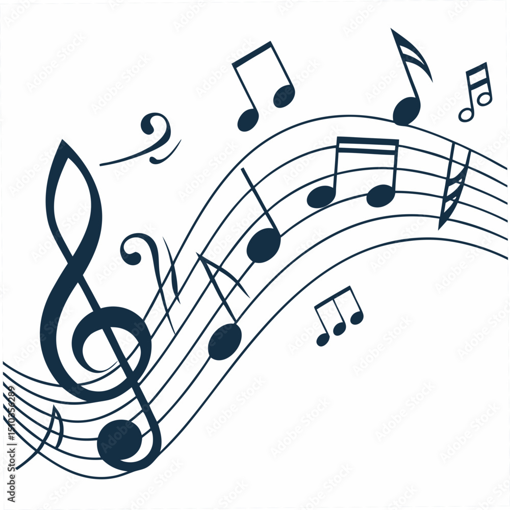 Poster elegant musical notation design featuring musical notes, treble clef and staff lines on a transparen