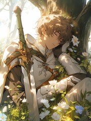 Young anime knight in silver armor, rests peacefully in sunlit forest, lush green grass, white flowers.