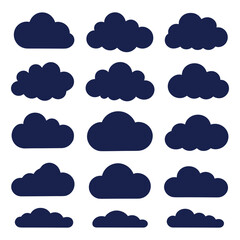 Obraz premium Set of Dark Cloud Silhouette Icons – Flat Cloud Shapes Collection for Weather, Web, and Graphic Design