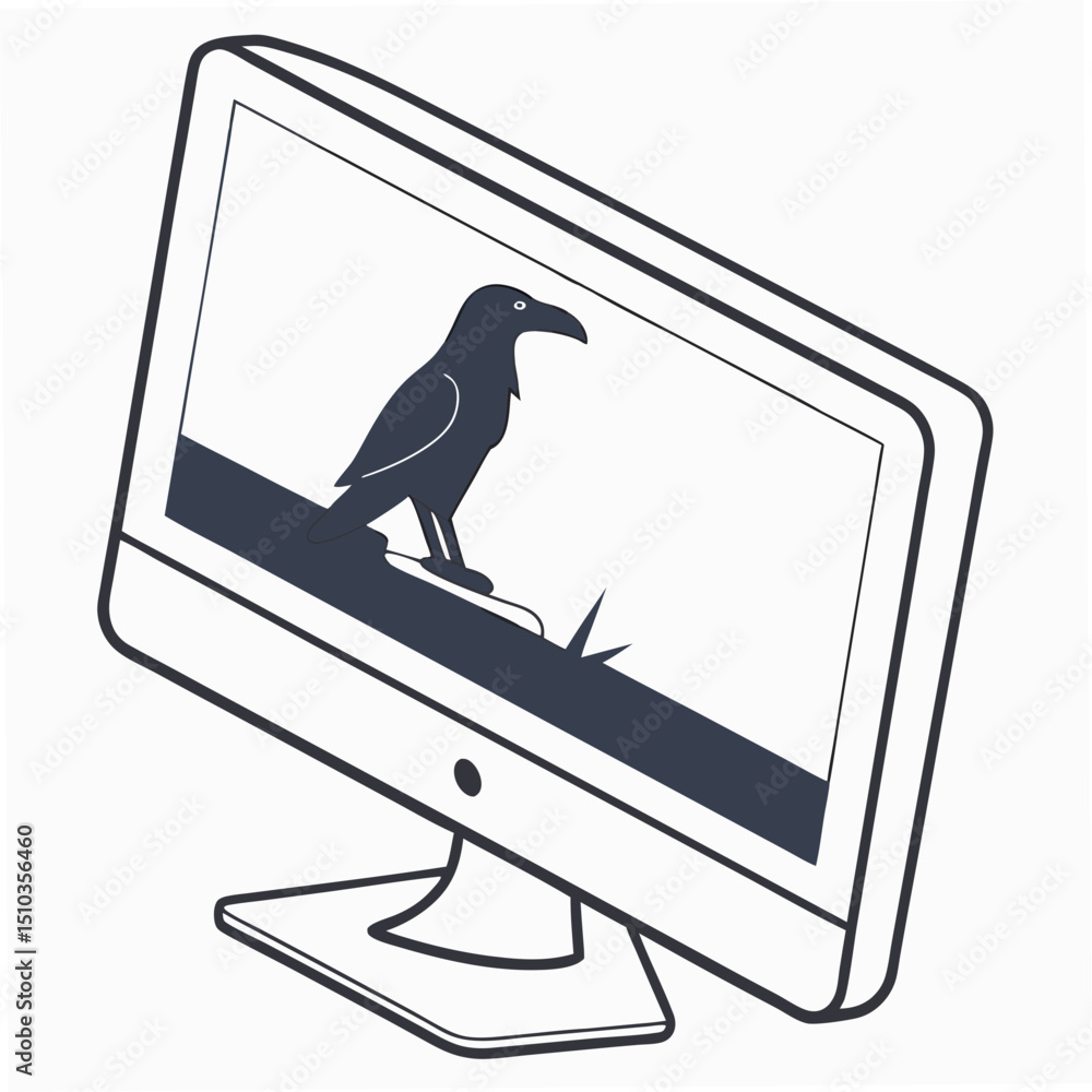 Poster illustrated desktop computer displaying silhouette of a raven bird perched on a branch on a white ba