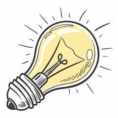 Hand drawn illustration of a glowing lightbulb with radiating lines illustrating ideas and creativity