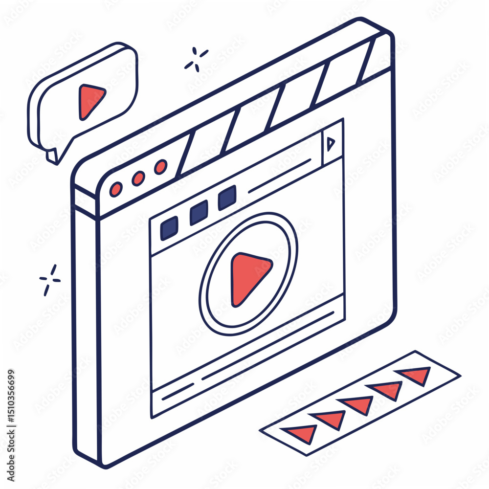Poster isometric illustration of a play button on a screen conceptualizing video content and digital media 