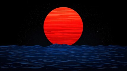 Pixel Sunset Red Sun over Dark Blue Ocean
