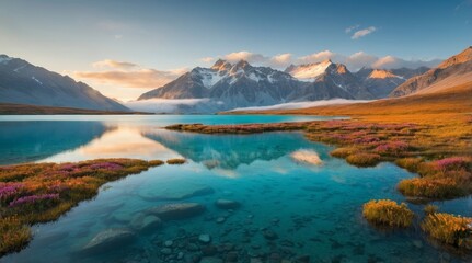 Fototapeta premium Golden Hour Mountain Lake: Sunset Photo, Peak Reflection & Mist