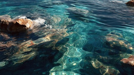 Obraz premium Tranquil Waterscape: Sunlit Reflections on Azure Sea with Coastal Rocks