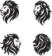 Stylized Black-and-White Lion Head Illustrations in Various Orientations