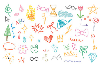 Crayon fun cute kid colorful line art doodle set badge, scribble line flower, background. Hand drawn doodle sketch childish element set. Flower, bơ, cloud children draw style design elements, Pattern