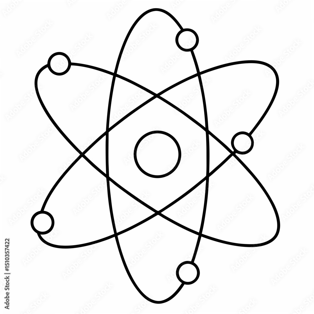 Poster simplified atom structure outline depicting electrons orbiting a nucleus with clear, clean lines and