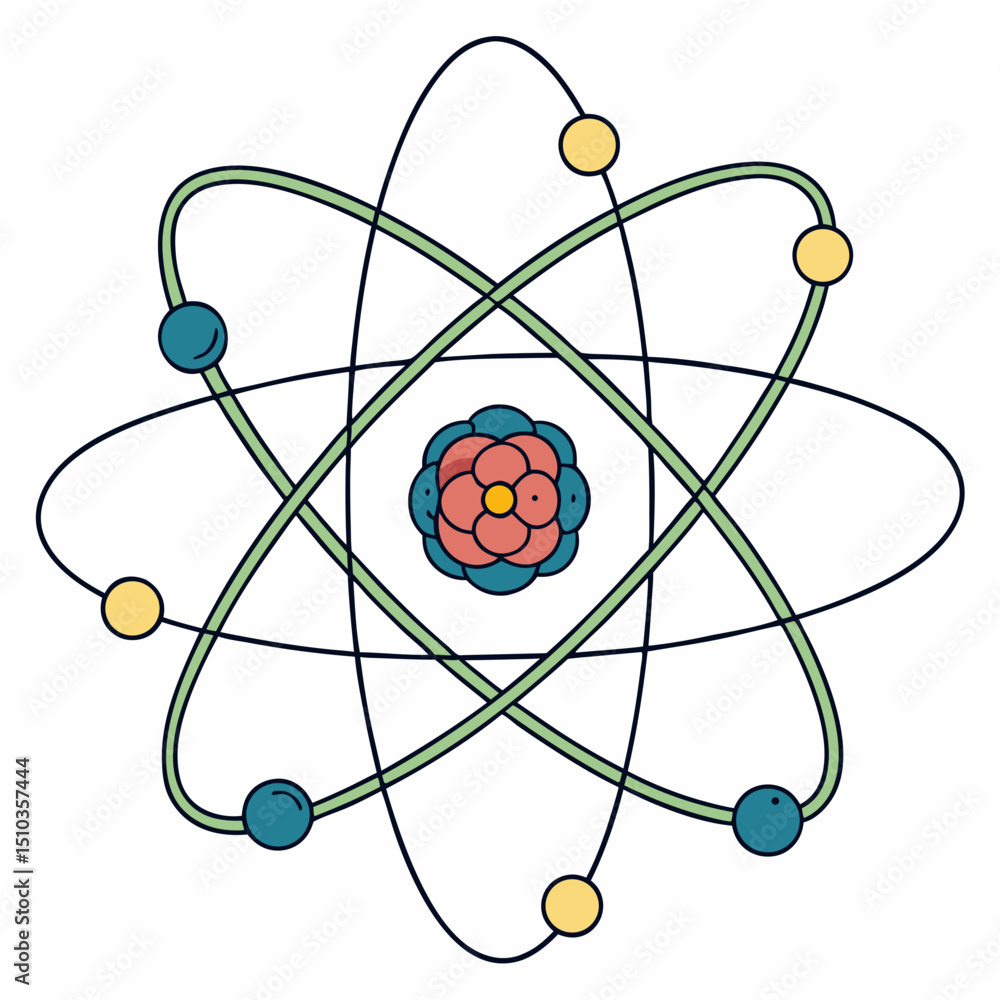 Poster stylized atom representation depicting structure and components illustrated with colorful round elem