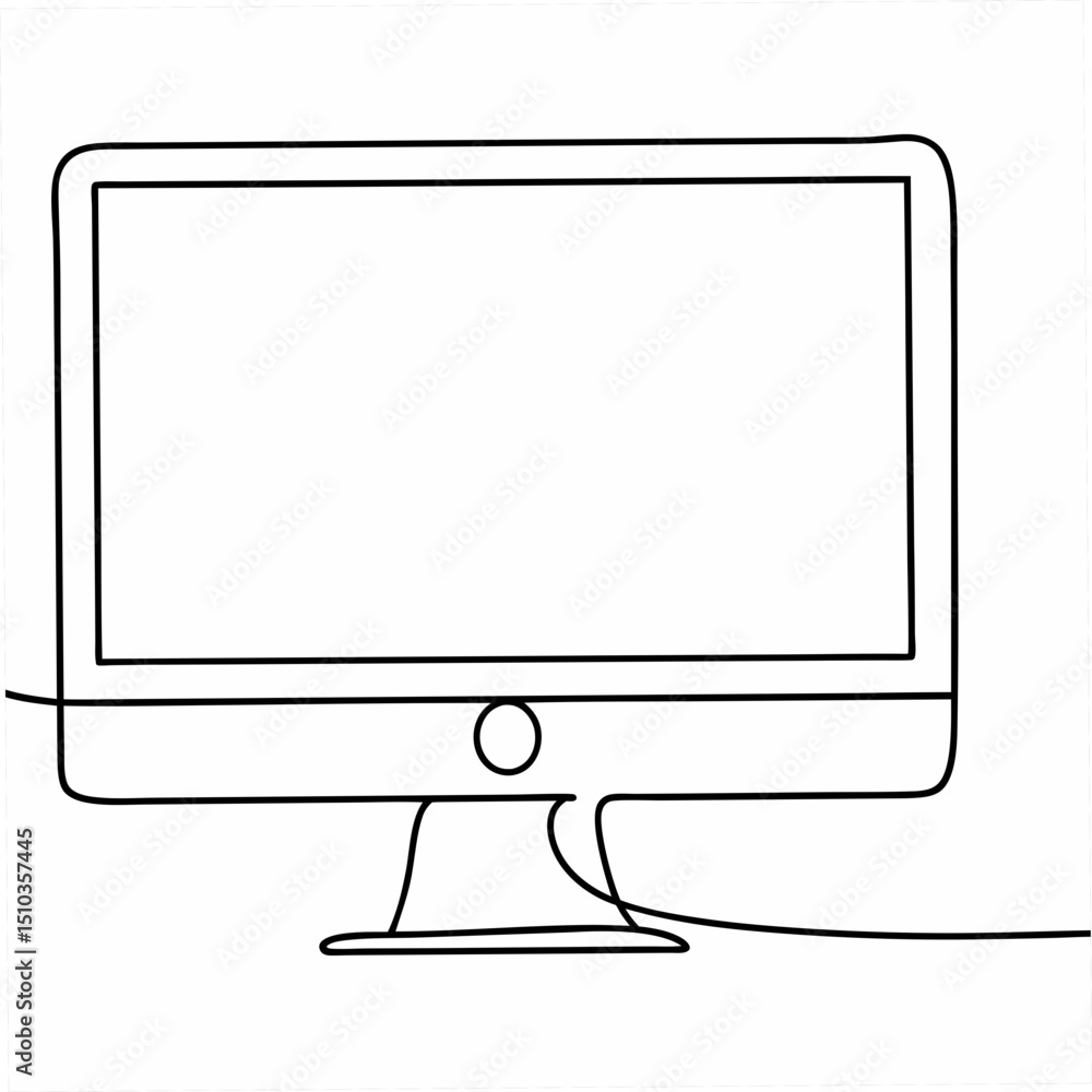 Poster single continuous line drawing of a computer monitor on a white background illustrating modern techn