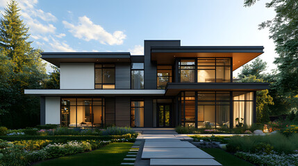 A 4K photo of modern building in aluminum siding and flat angled roofline and front windows.