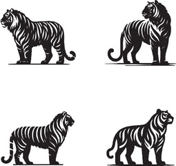 Black-and-White Stylized Tiger Illustrations in Dynamic Poses