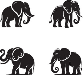 Black-and-White Stylized Elephant Illustrations in Various Poses