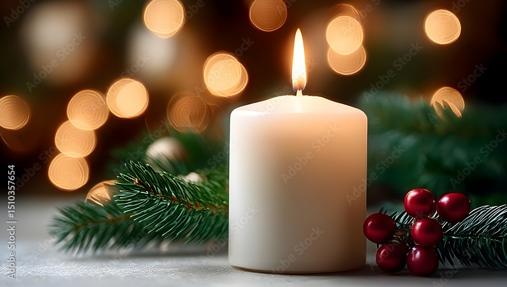Poster a serene candle flickers softly in a cozy setting, surrounded by evergreen branches and festive berr