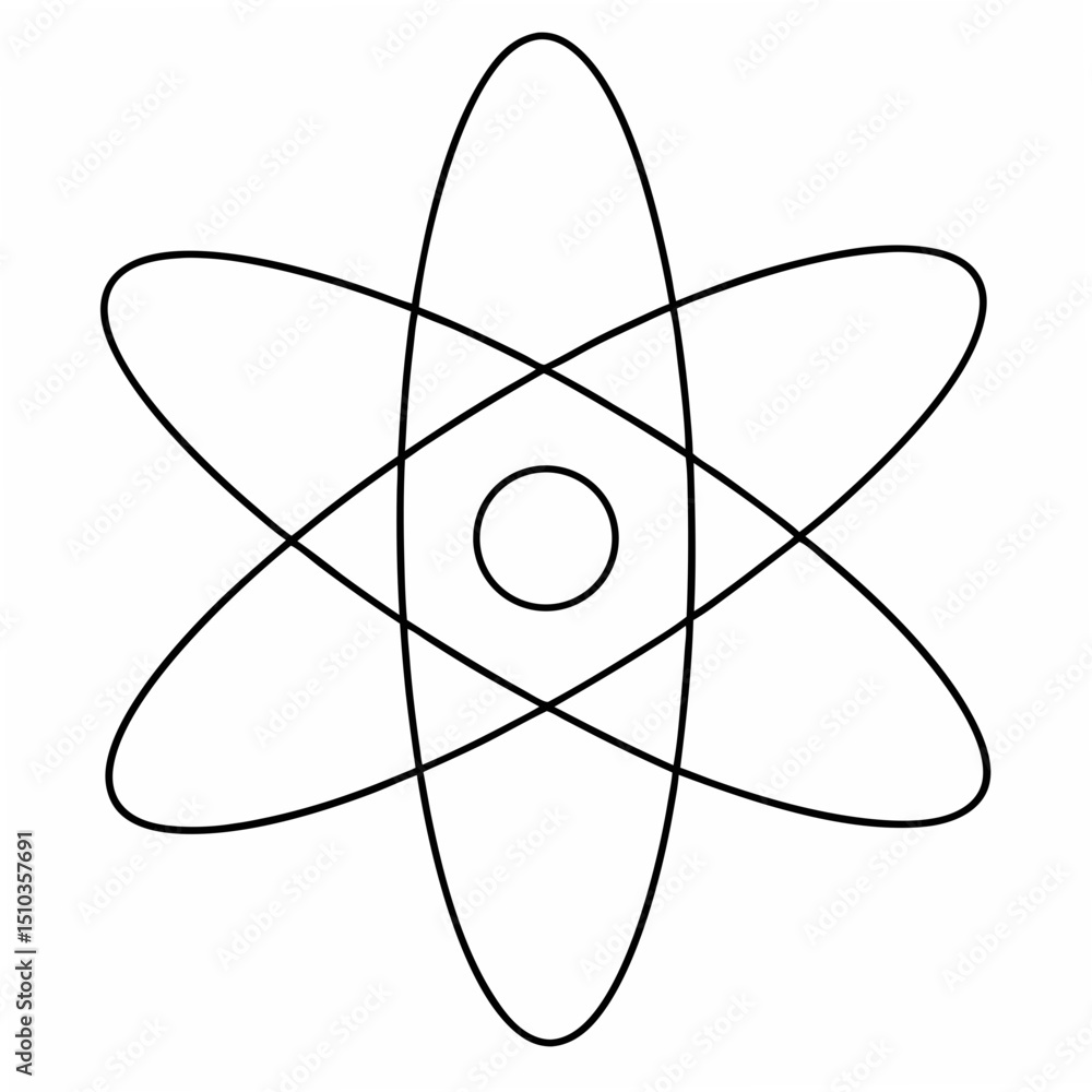 Poster abstract minimalist representation of an atom outlined in black lines on a white background suitable