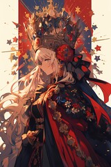 Anime style illustration of a regal figure with crown and cape standing against a starry sky, flowing white hair, fantasy art