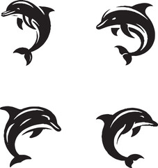 Black and White Stylized Dolphin Illustrations in Dynamic Poses