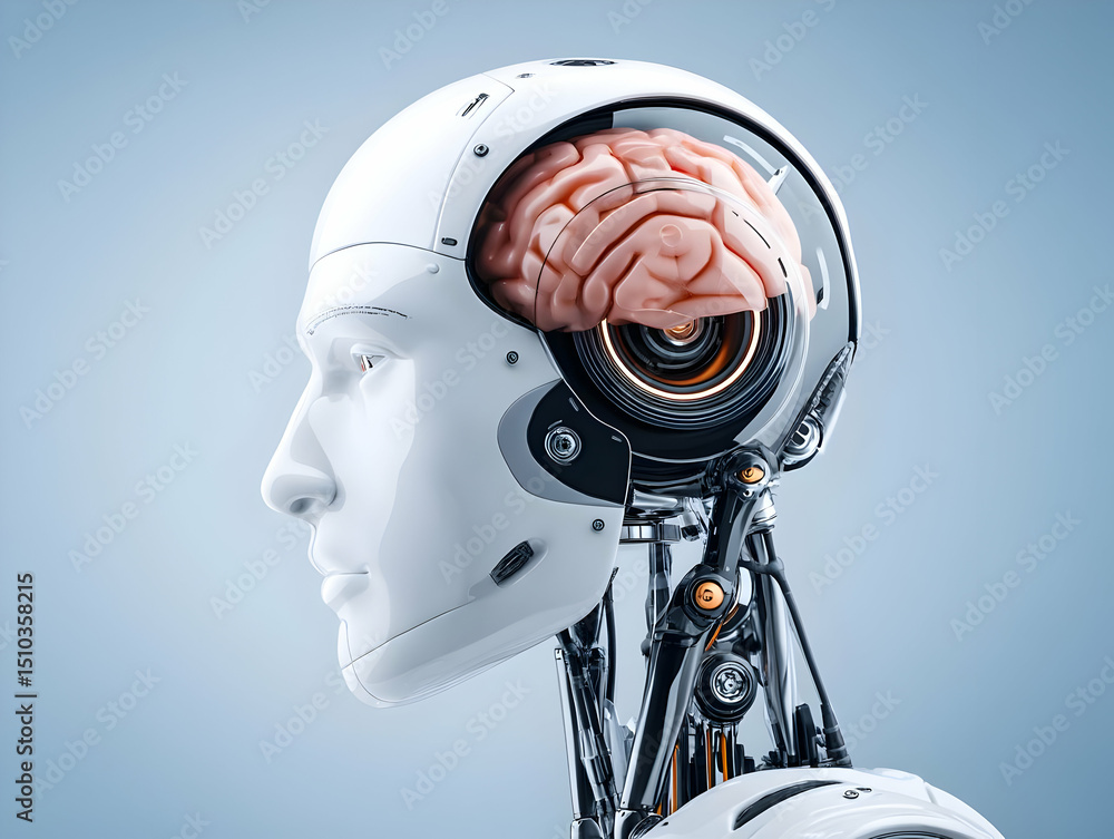 Poster a futuristic robotic head featuring a visible brain, symbolizing advanced artificial intelligence an