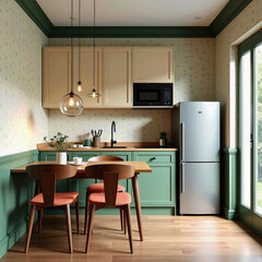 Fototapeta premium Classic Nordic kitchen design with sage green and cream cabinetry, warm wooden accents, and pendant lights over a compact dining set, ideal for Scandinavian home decor themes and small-space lifestyle