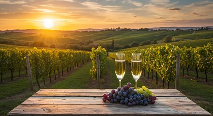 Sunset over Vineyard with Wine Glasses and Grapes