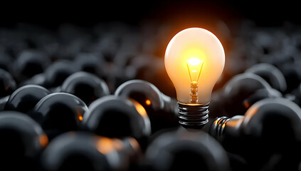 A lone glowing light bulb stands out among many dark bulbs, symbolizing innovative ideas and brightness in a world filled with darkness.