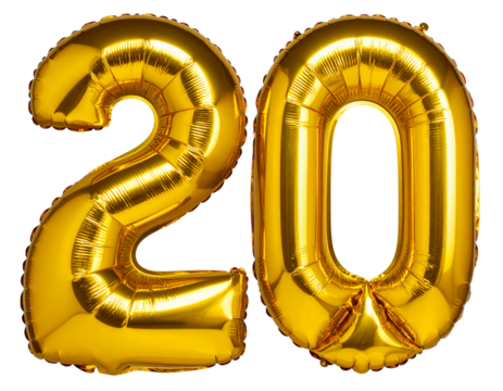 Golden Foil Balloon Number 20 with Shiny Surface, Floating Upright, isolated on a transparent background - Powered by Adobe