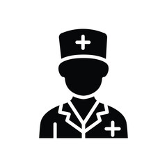 A simple black silhouette icon representing a doctor, perfect for medical websites or applications.