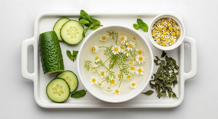 Fresh skincare ingredients on a white tray with herbs and cucumber slices