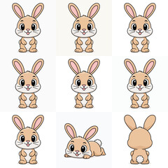 Nine Adorable Cartoon Bunny Rabbit Poses Illustrations
