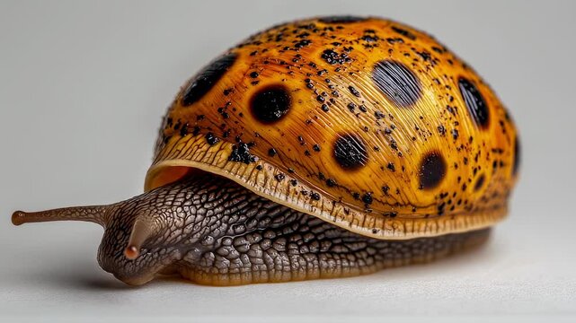 Detailed close-up of a snail with a beautifully spotted shell and textured body
