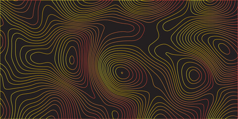  An abstract topographic map pattern featuring flowing, organic contour lines with a warm gradient from red to orange and yellow, set against a dark, possibly black, background, creating a vibrant.