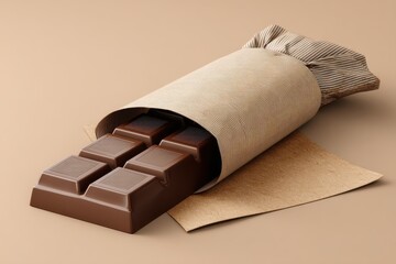 Obraz premium Delicious Dark Chocolate Bar Wrapped in Elegant Paper, Perfect for Gourmet Treats, Baking, or Indulgent Snacking on a Neutral Background