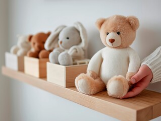 Soft plush teddy bear in light beige color is being held by a hand, surrounded by other stuffed animals on a wooden shelf, creating a cozy and inviting atmosphere