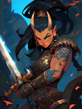 Fierce warrior with blue scales, horns, and sword, tattoo on arm.
