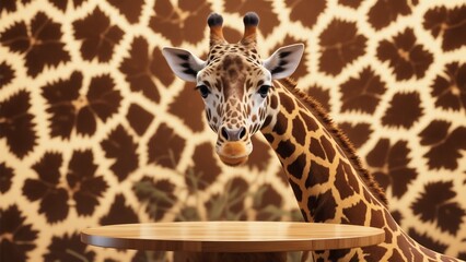 Naklejka premium Giraffe with Patterned Neck, Gazing at Golden Podium Mockup for Cosmetics, Products, Perfumes or Jewelry Against Matching Patterned Background