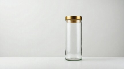 Clear Glass Cylindrical Jar with Gold Lid on White Background


