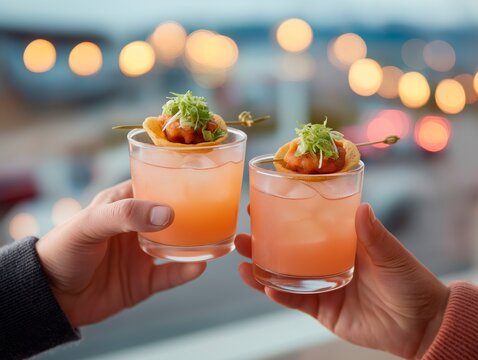 Two hands holding refreshing cocktails with vibrant garnishes, set against a blurred background of lights, creating a festive atmosphere for social gatherings and celebrations