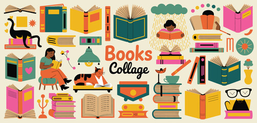 Colorful Books Collage Illustration with Cats and Readers