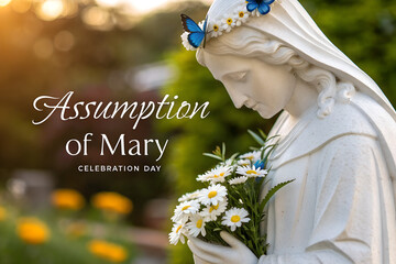 Assumption of Mary Celebration Day: Serene Virgin Mary statue holding daisies, blue butterfly on head, soft garden light. Religious faith observance. generative ai